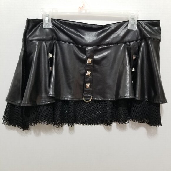 Living Dead Souls skirt XL micro mini goth studded pleather PVC fishnet stretch - Picture 2 of 14